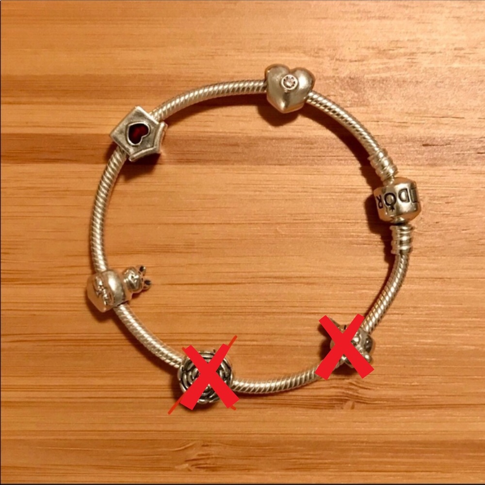 Pandora bracelet w/ 3 charms (no rose, no teapot)